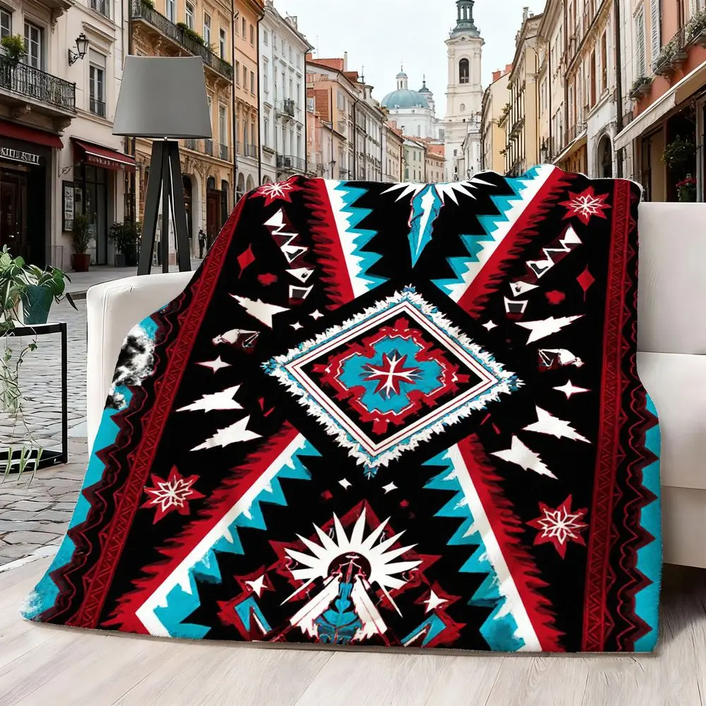 Large Native American Tribal Blanket Throw Suitable for Home Decor - Traditional Southwestern Bedspread with Bold Diamond Star Pattern, Turquoise Accent Bedspread, Red Black White Design for Couch, Bed, Festival Events, Cultural Display