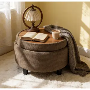 25-Inch Modern Tufted Fabric Round Coffee Table Ottoman with Removable Storage Top and Tray for Living Room, Bedroom