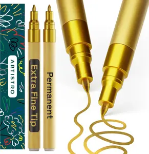 2 Gold Permanent Marker - Waterproof Markers for Tire, Fabric, Rocks, Glass, Ceramic, Wood, Paper - Oil Based Metallic Paint Pens - Extra-Fine Tip 0.7mm