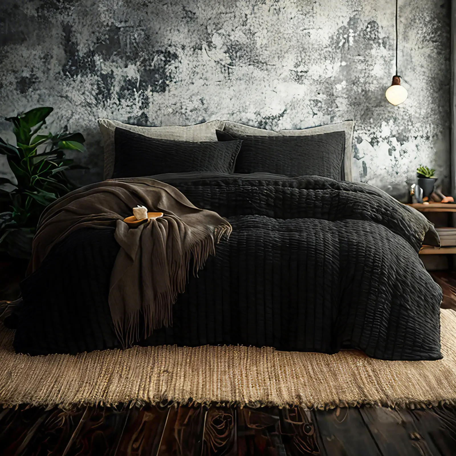 J9 | Elegant Black Quilted 2/3-Piece Duvet Cover Set, Matching Pillowcases & Fringed Decor Throw, Luxury Texture Bedding for High-End Bedroom Decor