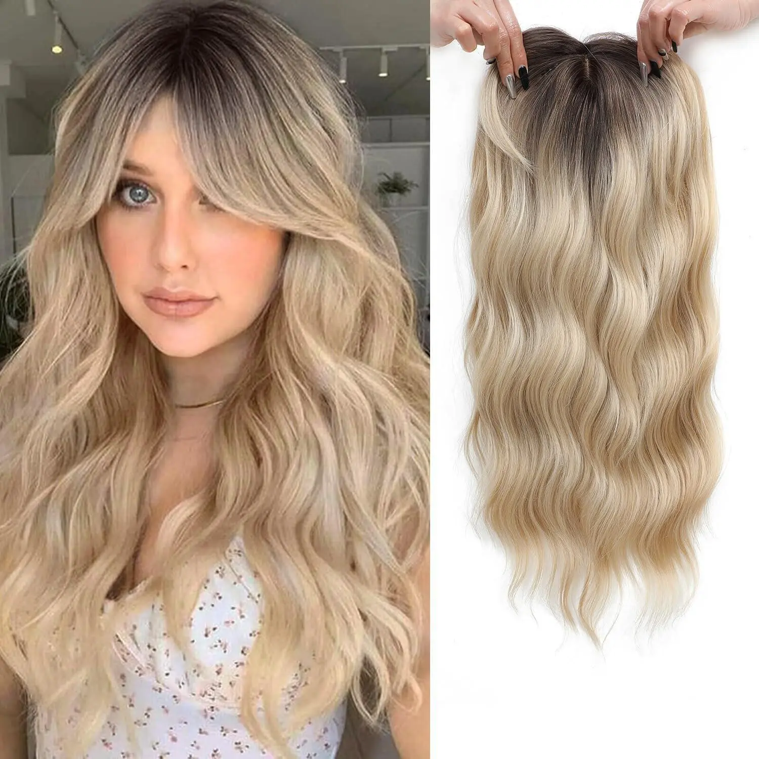 20 Inch Hair Topper for Women, Natural  Wavy Synthetic Clip-In Hairpiece with 6.5"x6.5" Natural Base for Thinning Hair, Adds Volume & Length, Lightweight & Breathable