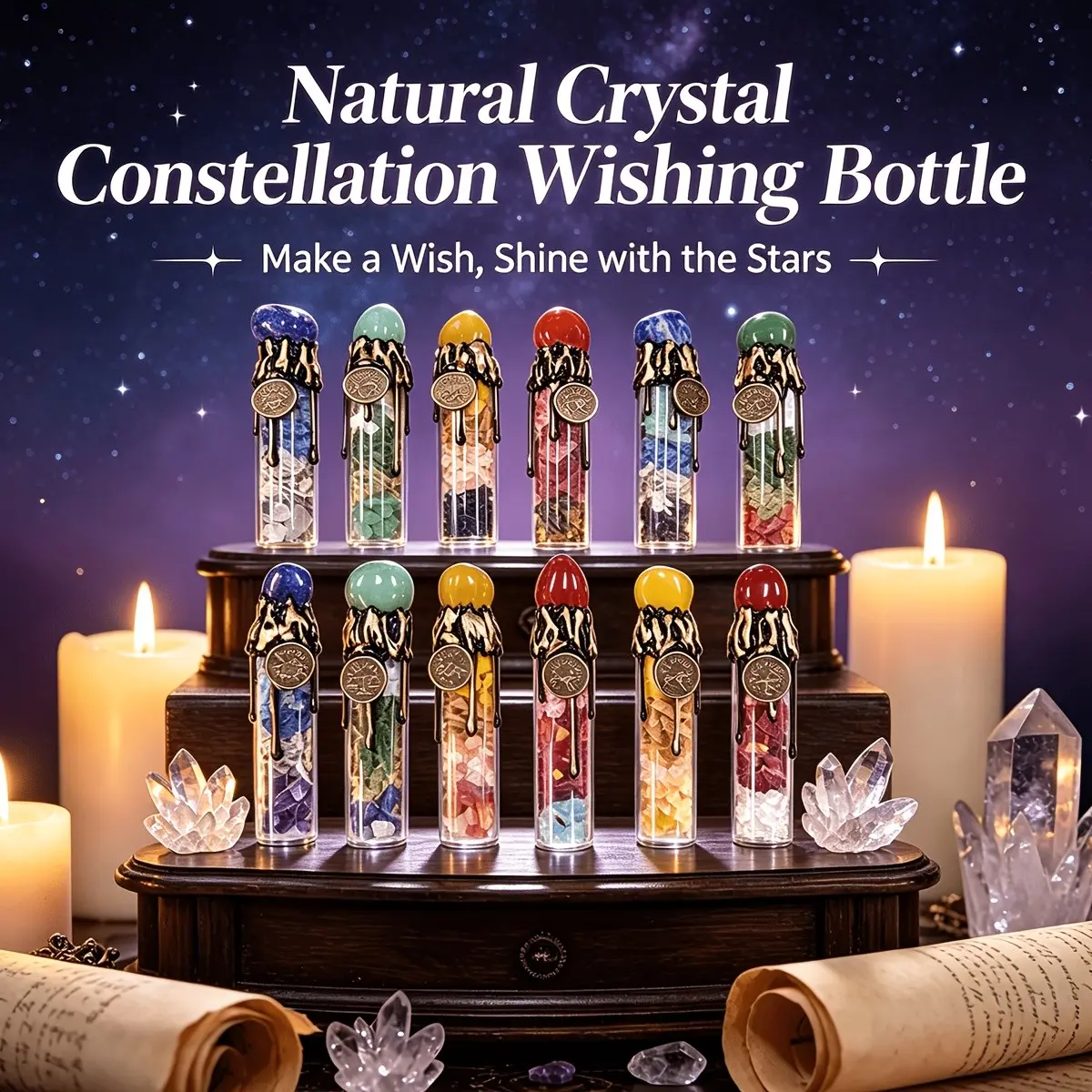 Natural Crystal Zodiac Wishing Bottle, Magic Energy Healing Stone Drifting Bottle, Spiritual Divination Reiki, 1pc Raw Stones