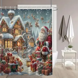 Santa Claus gift reindeer igloo shower curtain, perfect for bathroom decoration, partition, beautify space, polyester durable material, easy to wash, machine washable, multiple sizes to choose from, shower curtain hook, Bathroom Decoration Accessories