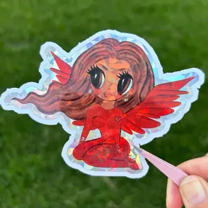 Holographic Red Wings Angel Sticker | Shiny Vinyl Art Decal | Tropicoquete Cute Fantasy Girl Aesthetic | Waterproof Glitter Sticker for Laptop, Cup, or Notebook