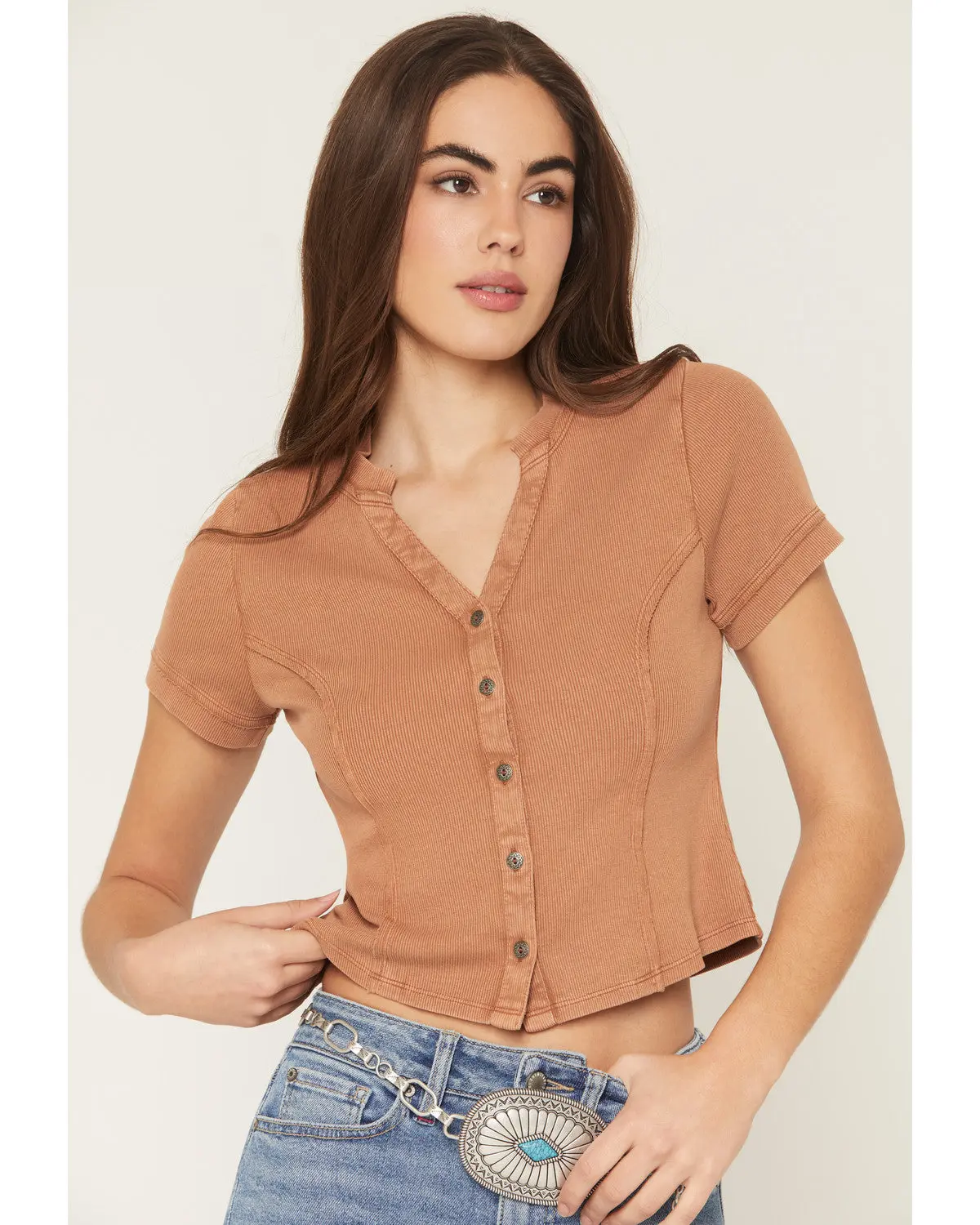 Frisco Solid Short Sleeve Button-Down Rib Knit Shirt