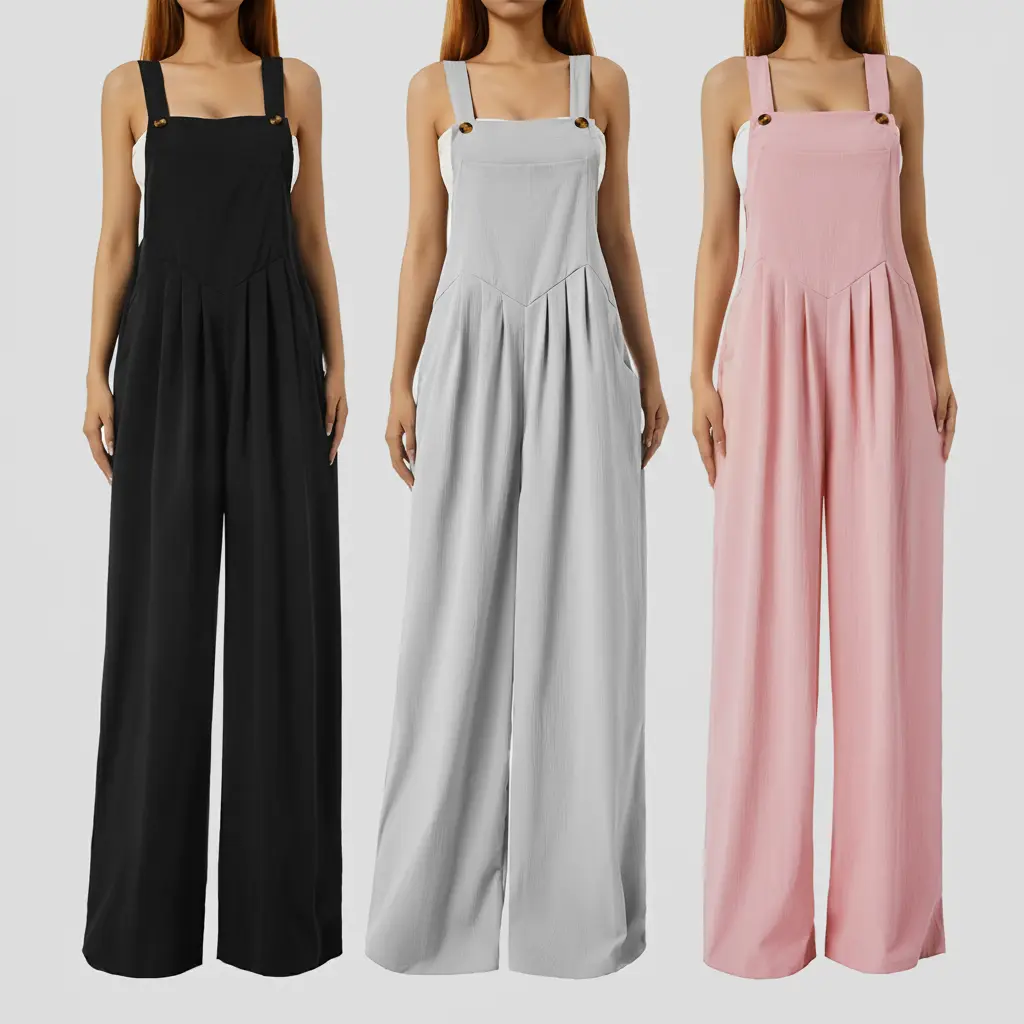 Women’s Fashion Solid Color Jumpsuit Casual Button Wide Leg Suspender Overalls with Pockets