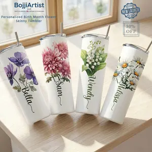 BojjiCo Personalized Birth Month Flower Custom Name Reusable Skinny Stainless Steel Tumbler with Lid, White Floral Print Travel Mug, Kitchenware Gift for Women, Cottagecore Preppy Botanical Aesthetic Birthday Drinkware