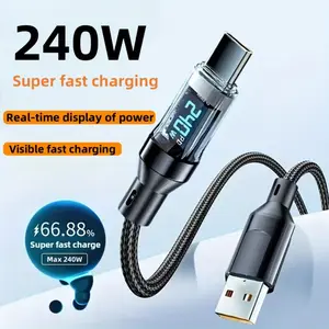 240w Fast Charging Cable with Transparent Digital Display, Compatible with Xiaomi Samsung Apple iPhone 16/15 Pro Max Type-C Nylon Braided Charger Data Cable