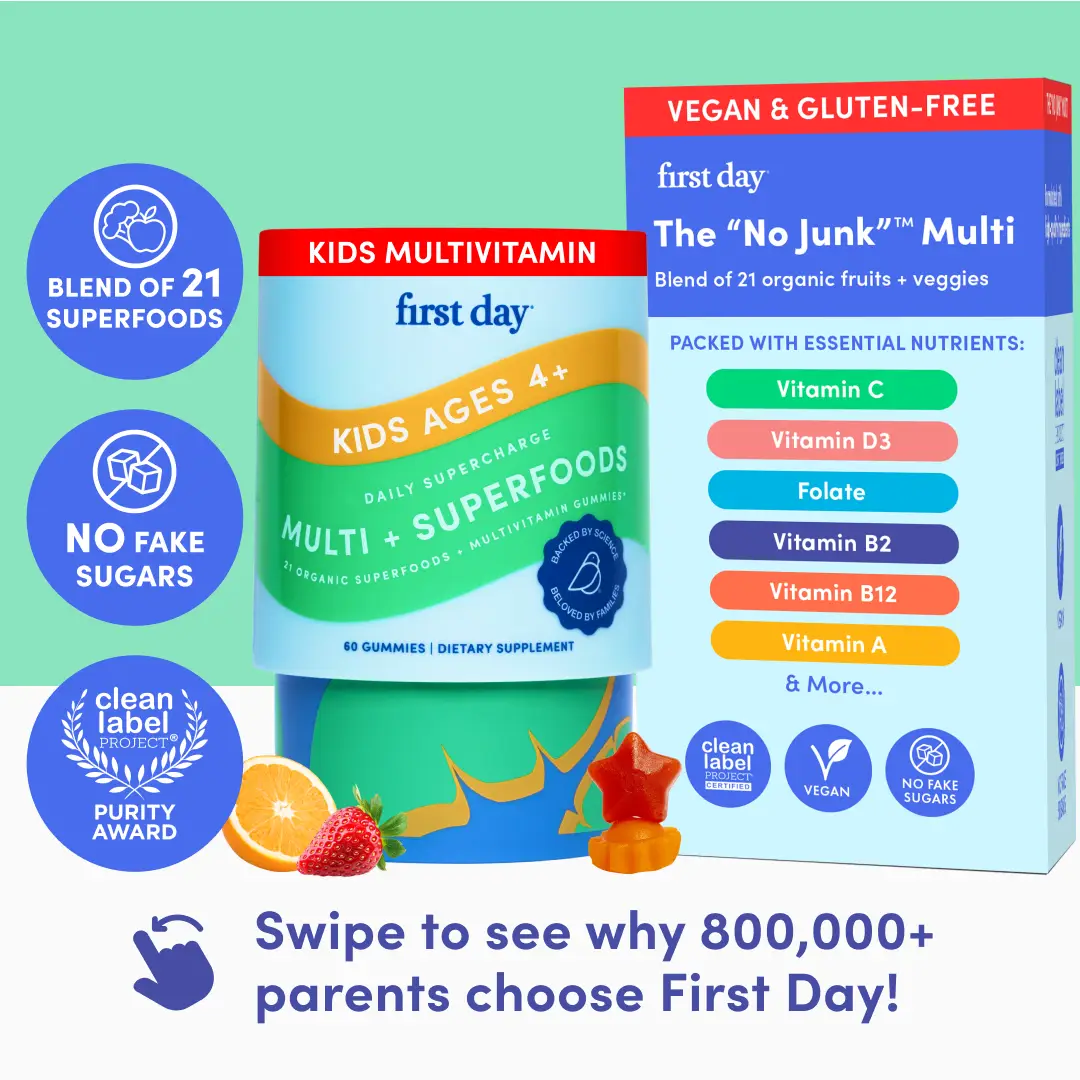 First Day Kids Multivitamin Gummies Age 4-12, Strawberry & Orange Flavored Multivitamin Gummy with Vitamins A C D3 K2 B1 B2 B6 B12 Folate, Immunity &
