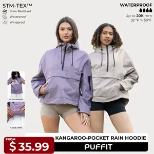 【Restocked】PUFFIT STM-TEX Waterproof Oversized Fall Hoodie Coat Warm Half Zip Rain Jacket With Adjustable Waist,Hood & Cuffs,Large Kangaroo Pocket,Shell Jacket,Ski Jacket,Spring Jacket,Windbreaker,Dog Walking,School Running,Football Mum,Stylish