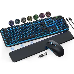 Wireless Keyboard and Mouse Backlit - Typewriter Keyboard with Detachable Wrist Rest, Retro Round Keycaps, Light Up Letters, 2.4G Cordless Combo for Mac, Windows, PC, Laptop, Trueque [2024 Upgraded]