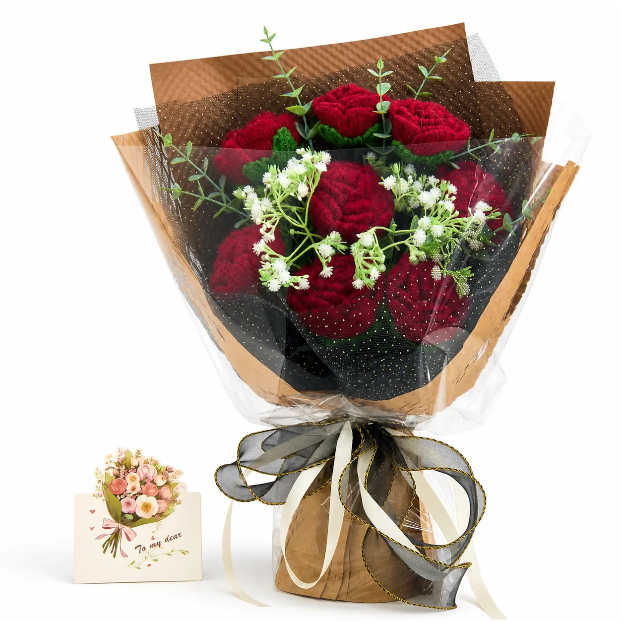 Handmade Crochet Rose Flowers Bouquet Collection Back to School Gift for Teacher Students, Red Cotton Yarn Roses Forever Flowers with Greeting Card, Gift for Girlfriend Her Birthday Anniversary Valentine's Day Home Decor US Fast Shipping