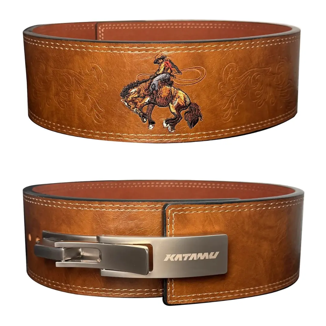 KATAMU Cowboy 10mm Leather Lever Lifting Belt with Embroidered & Debossed Pattern, Stainless Steel Buckle for Heavy Lifts, Embroidery, Weight Training