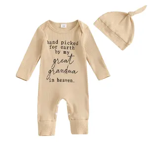 Baby Boy Grandma Grandpa Funny Letter Print Ribbed Knit Pajamas Romper Jumpsuit Bodysuit Newborn Coming Home Outfit