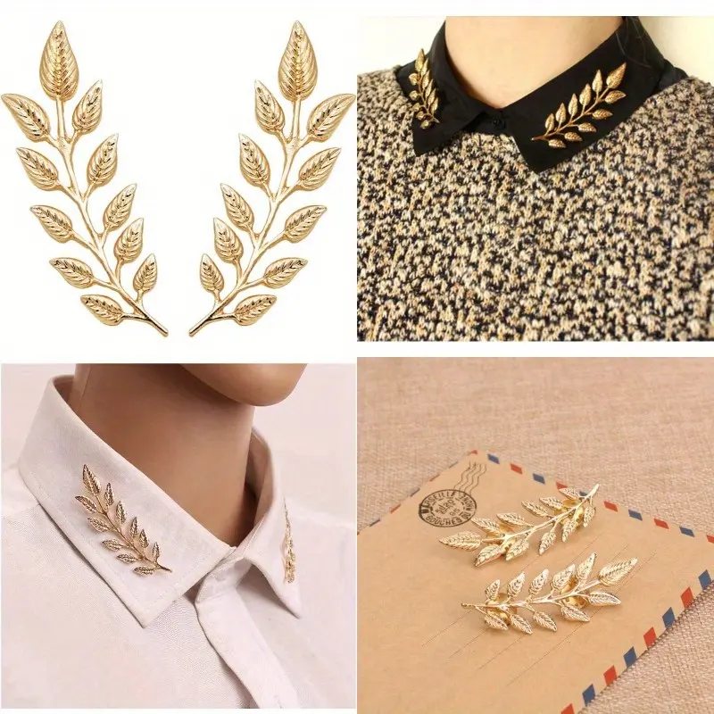 Unisex Golden-Plated Wheat Leaf Brooch Set, 1-Pair Collar Pins for Formal Wear & Business Attire, Sophisticated Metal-Coated Suit Fashion Accessory