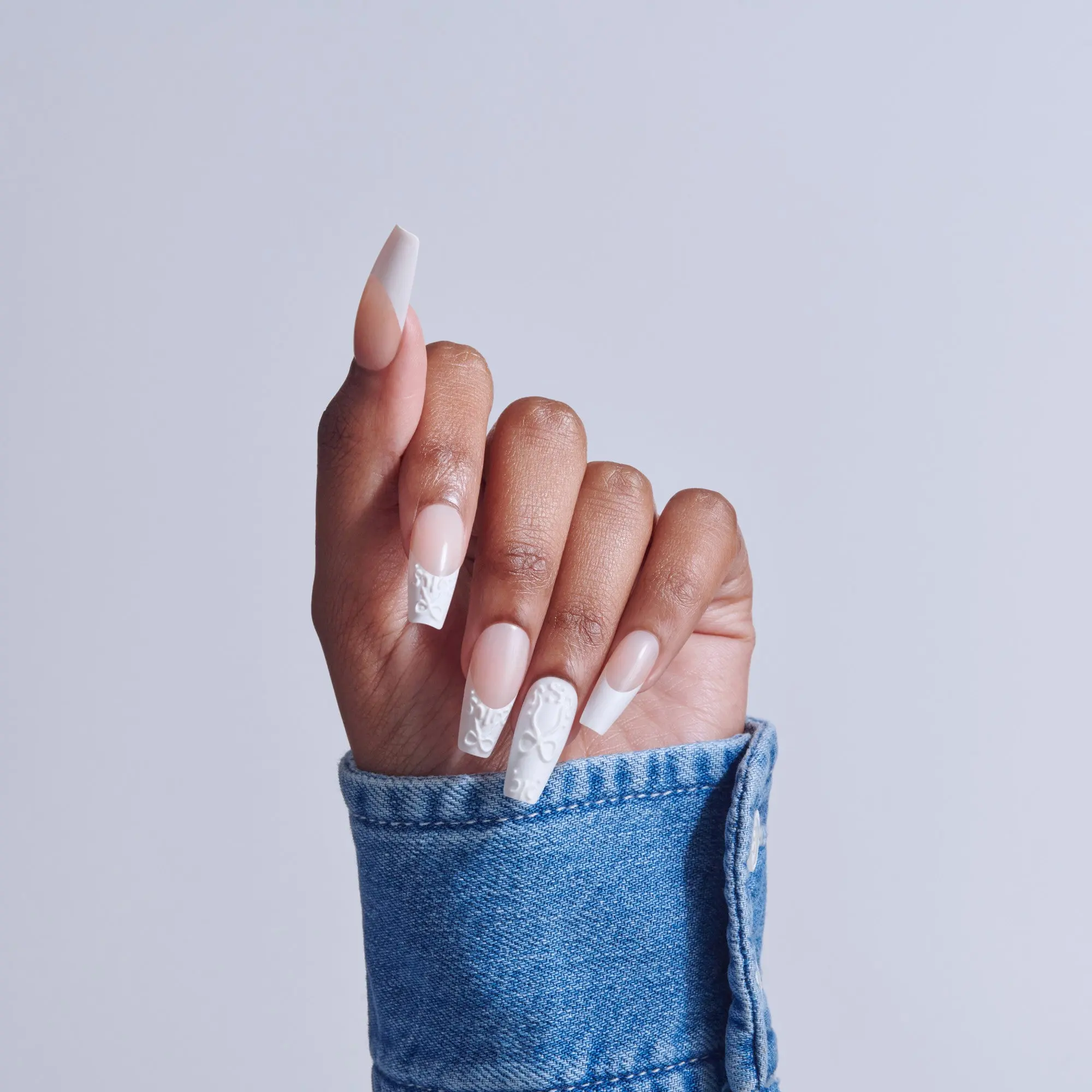 Kiss Glam 3D & Jewel Press On Fake Glue Nails  - Breath of Harmony | French, White, Long, Coffin