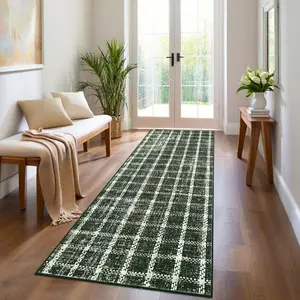 Checkered Grid Faux Wool Runner Rug - 2x6 Low-Pile Weave, Modern Non-Slip Washable Indoor Carpet for Kitchen, Office, Green