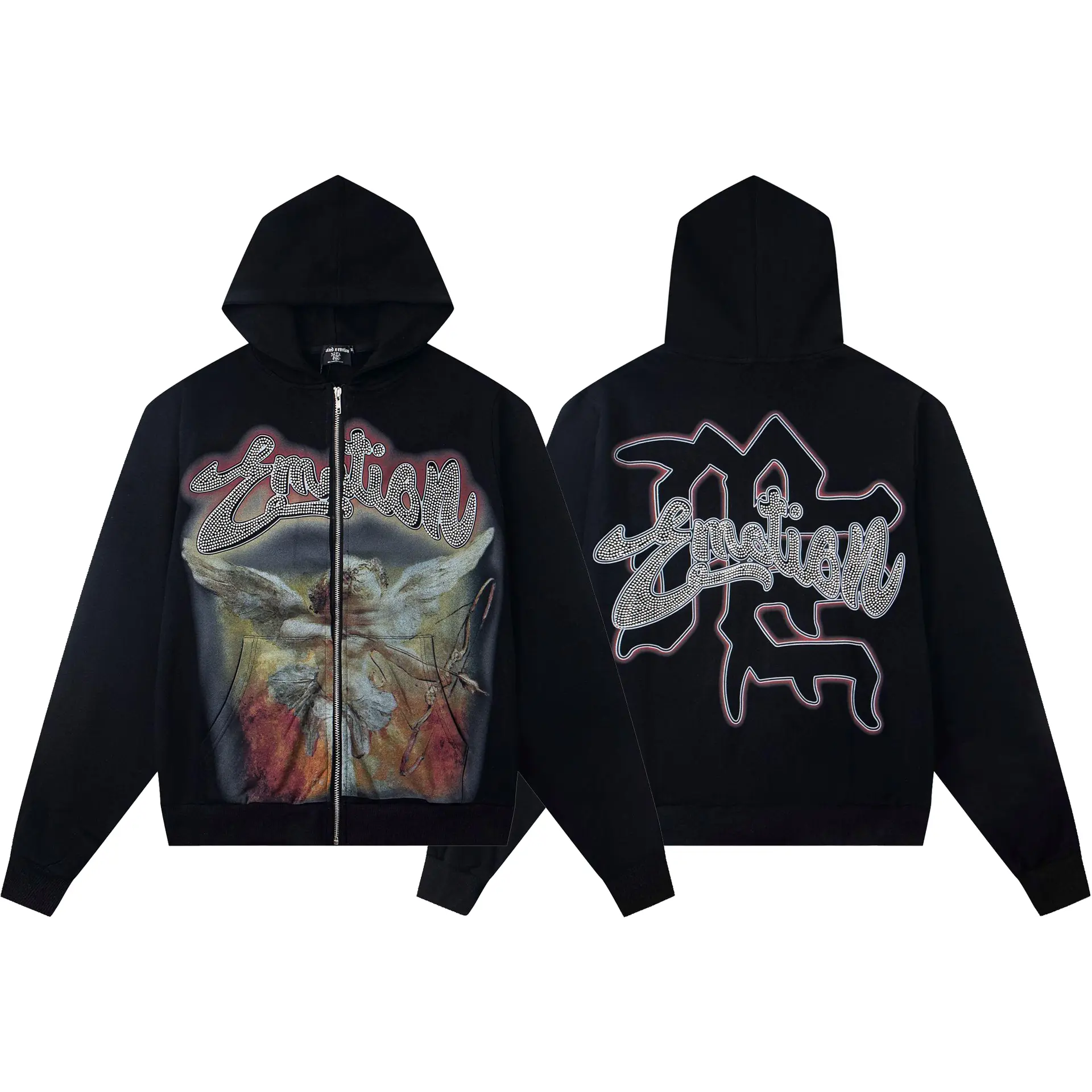 MIXED EMOTION Certified Professional Y2K Rhinestone Emotion Angel Graphic Zip Up Hoodie Vintage Black Jacket Casual Mens Standard Fit