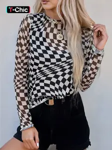 Summer Plaid Mesh Sheer Stand Collar Long Sleeve Top, Fabric, Stylish Casual Wear, Perfect for Daily, Comfortable and Breathable, Womenswear