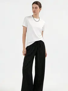 A set of women's slim striped wide leg Casual pants with Adjustable drawstring and high waisted drape, suitable for all seasons, suitable for home, indoor, and outdoor wear