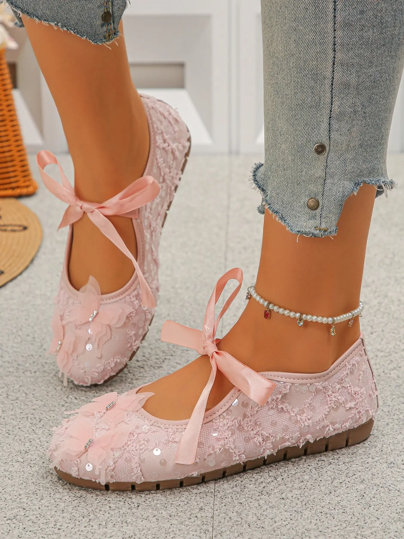 Women's Ballet Flats Mary Jane Shoes, Lace Bow Flats, Butterfly Embellished Textile Upper, Round Toe Rubber Sole, All-Season Comfortable Casual Footwear, Walking Shoes