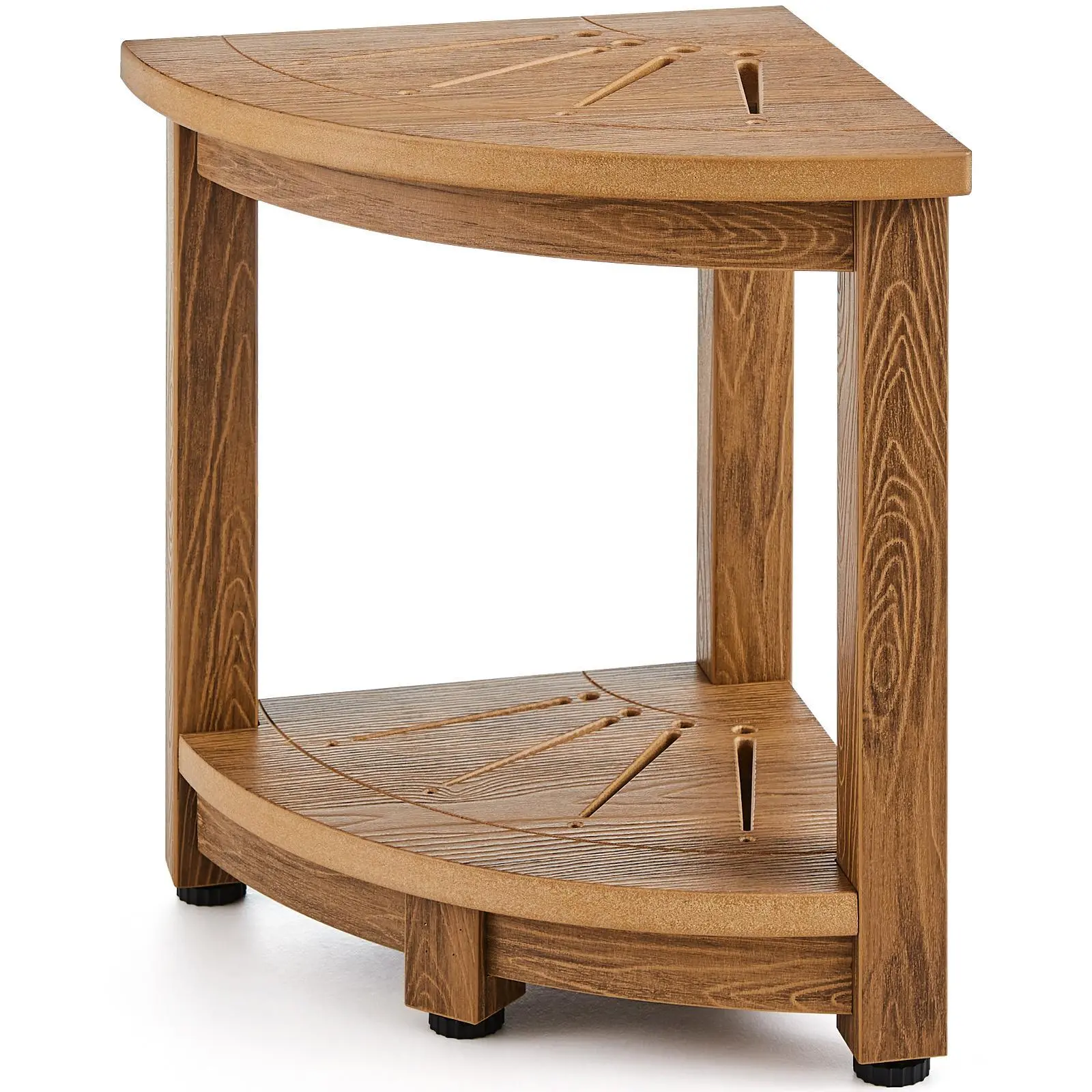 【Summerfinds】VEVOR Corner Shower Bench, 16.5" Height 12.8" Radius, Faux Wood Grain Polystyrene, 350 LBS with Storage Shelf, Water Resistant, Shower Stool for Inside & Outside Shower, for Bathroom, Living Room Plastic Waterproof