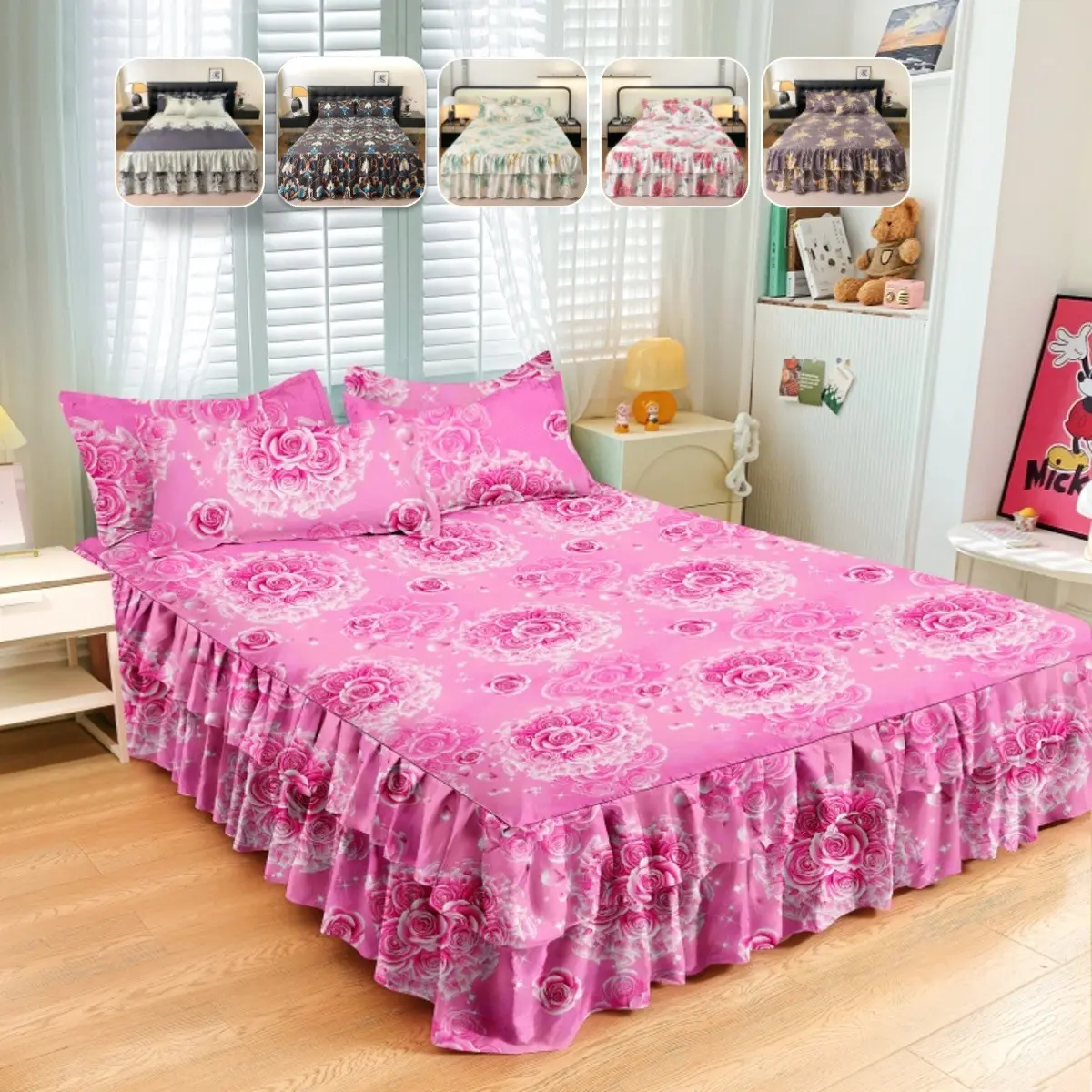 2/3pcs Pink Rose Bed Skirt Fitted Sheet Set, Sweet Princess Style, 38cm/14.96" Long Ruffle Bed Skirt, Soft Breathable Bedding, Includes Pillowcases, Perfect for Girls Bedroom, Cute Bedding, Floral Bedding Sets, Bed Sets Supplies