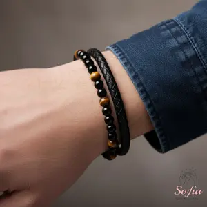 Sofia Leather Braided Bracelet Natural Stone Bangle Multilayer Wristband Boho Style Magnetic Closure 8 Inch Length Christmas Gift for Him