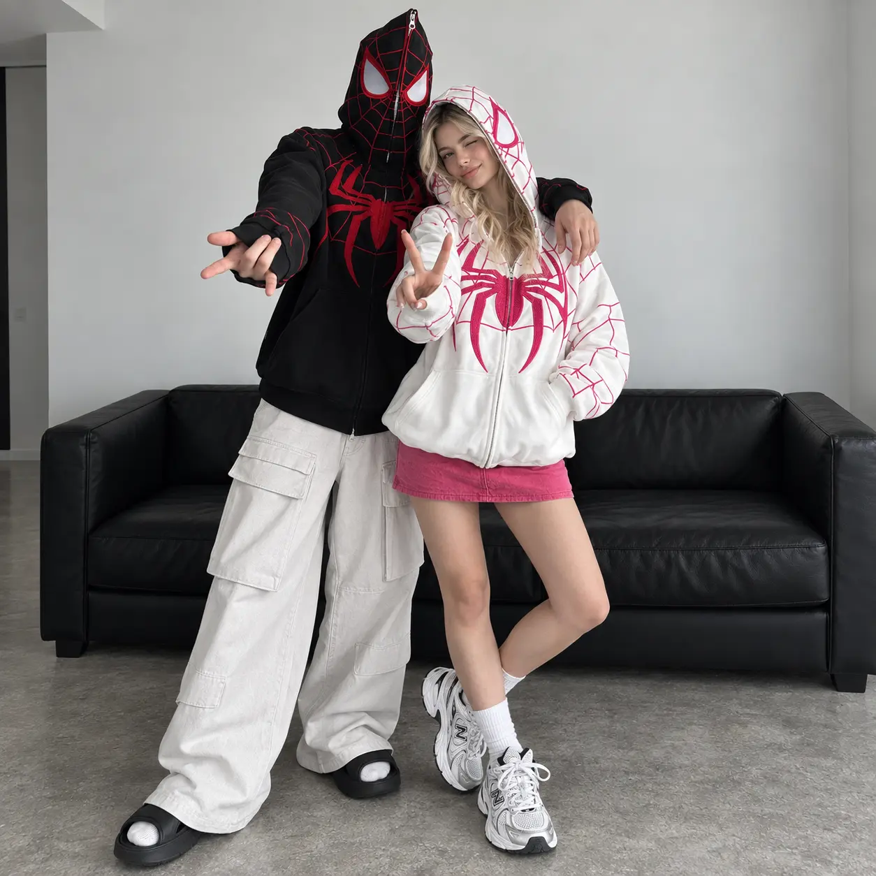 Couple Matching Spider Web Full Zip Hoodie, Unisex Oversized Graphic Zip Up Sweatshirt, Y2K Gothic Streetwear Hooded Jacket, 3 Colors