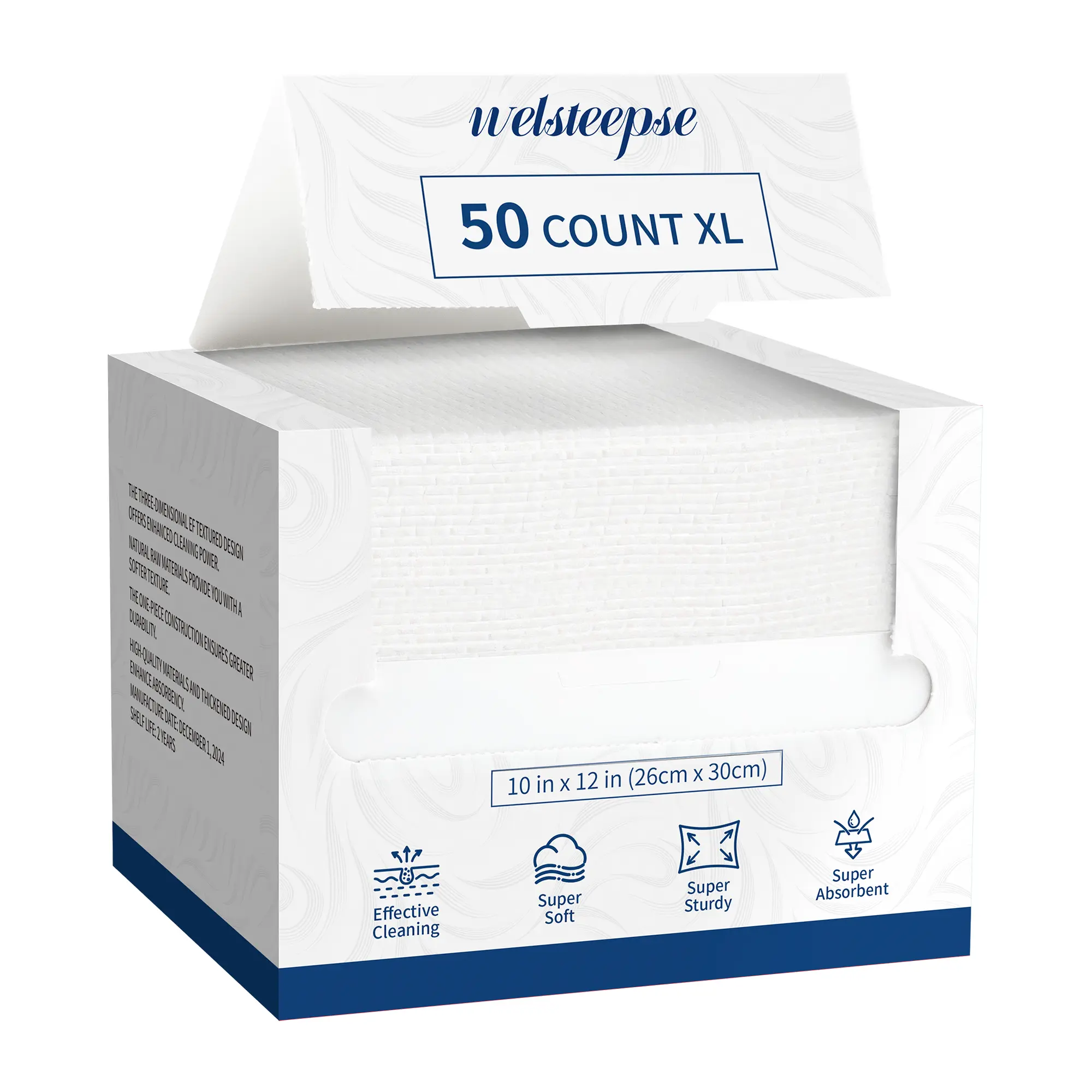 WELSTEEPSE XL Disposable Face Towelettes - Pack of 50 Eco-Friendly Biodegradable Biobased Plant-Based Hypoallergenic Soft Foldable Single-Use Tissues for Sensitive Skin, 10x12in Bathing Accessory, Travel Size for Home & Travel Cleaning