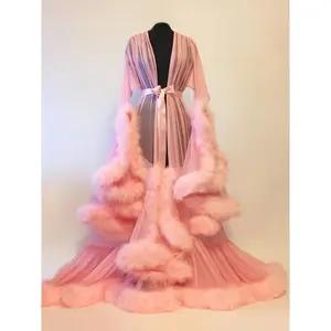 Light Blue Transparent Plush Kimono Robe – Long Ruffled Hem Babydoll Pajamas, Sexy & Comfortable Sleepwear for Women, Lace Women’s Dresses, Loungewear, can be worn with a raincoat