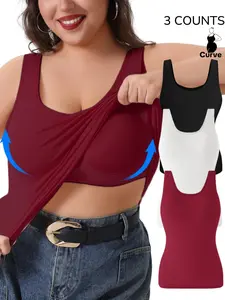 [Plus Size] Solid Color Tank Top Shaping Cami Built in-Bra, Breathable Comfortable Padded Sleeveless Wide Strap Top, High Stretchy&Soft Vest,Women's Underwear for All Seasons,Daily and Go Outing