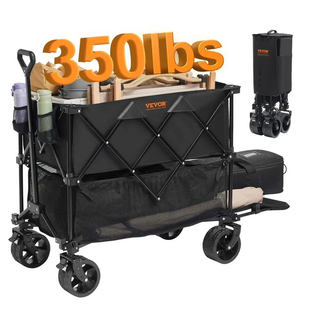 【summerfinds】VEVOR Foldable Double Decker Wagon, 400L Collapsible Wagon Cart with All-Terrain Wheels, Heavy Duty Folding Wagon Cart 350 lbs Weight Capacity for Camping, Shopping, Garden, 52" Extra Long Extender Outdoor Picnic Storage