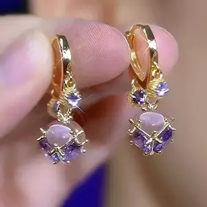 Shiny Fashionable Versatile Temperament DDES0142 Purple Water Drop Earrings 14K Gold-Plated