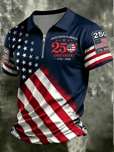 Patriotic American Flag Polo Shirt for Men, Mount Rushmore Multiple colors 250th Anniversary 1776-2026, Classic Zipper Style, Sporty Fitted Design, Ideal for 4th of July Gifts Zippered Polo
