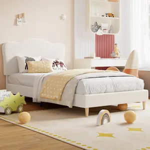 Garvee Upholstered XL Size Double Bed for Kids with Headboard and Shell Headboard, Cute Velvet Double Bed for Girls, Boys, Sturdy Platform Bed, No Box Spring Needed