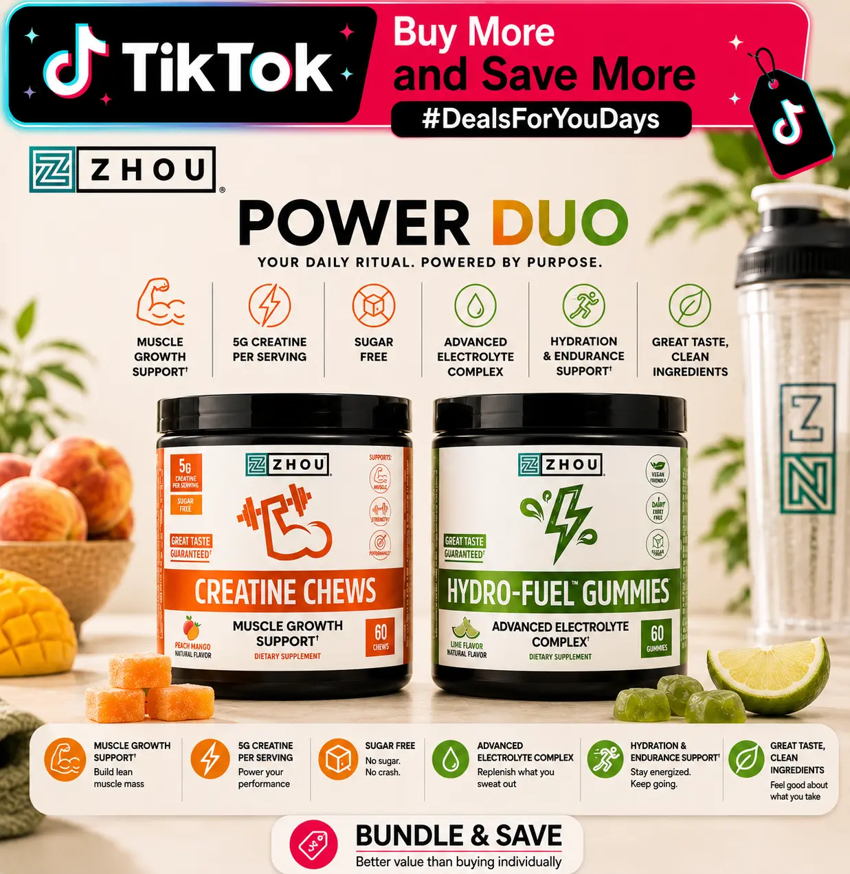 Zhou Chews Power Pair — Creatine Chews + Hydro-Fuel Electrolyte Gummies — Workout & Hydration Routine