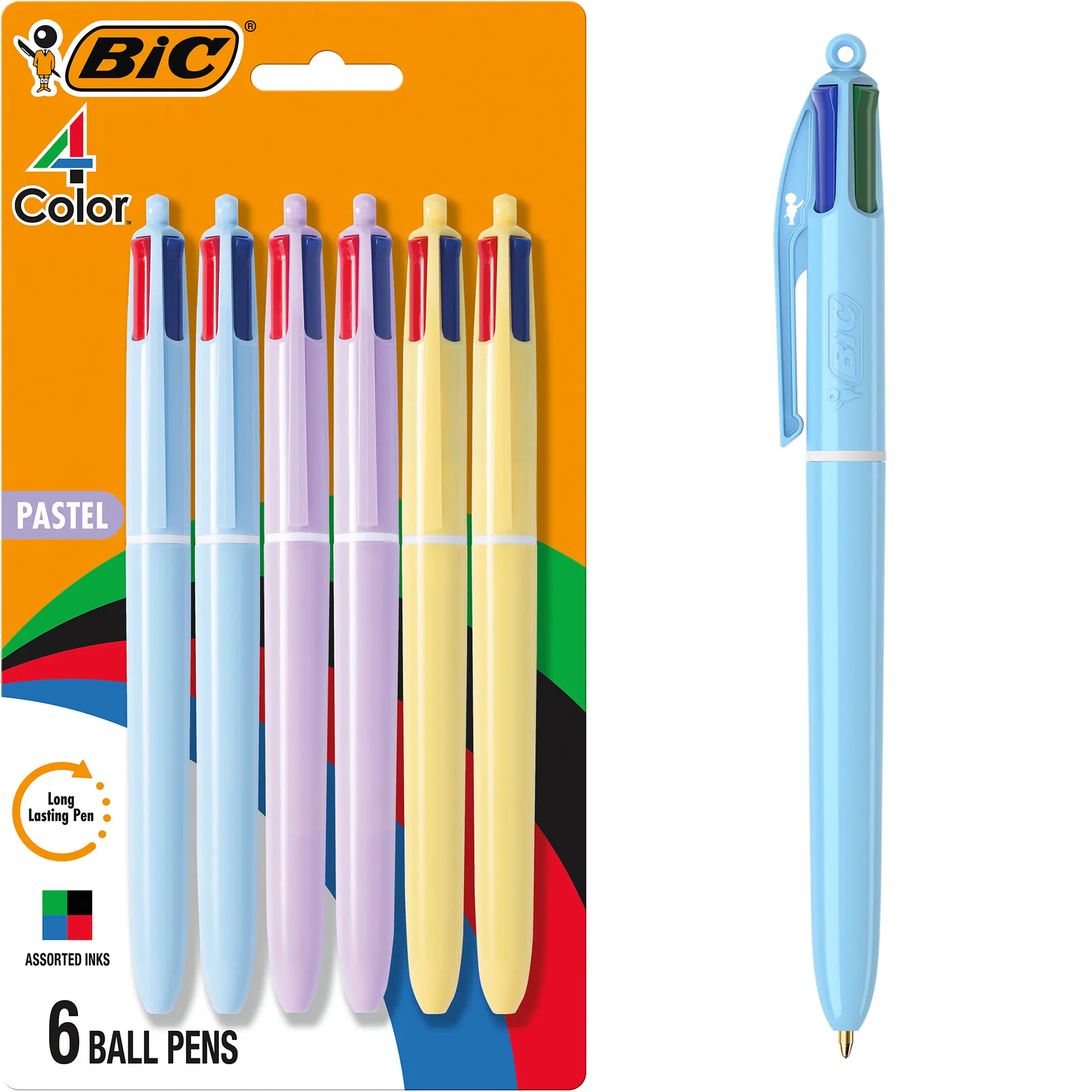 BIC 4-Color Pastel Barrel Multicolor Ballpoint Pens, Long-Lasting Ink and 1.0 mm Medium Point, 6-Count Pack in Black, Blue, Red and Green Ink