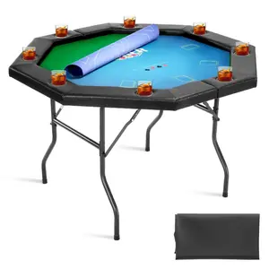 VEVOR Foldable Poker Table, 8 Player 48 in Folding Casino Leisure Table with Padded Rails Cup Holders, Octagonal Portable Game Tables with Felt Metal Legs, for Texas Hold'em Game and Blackjack