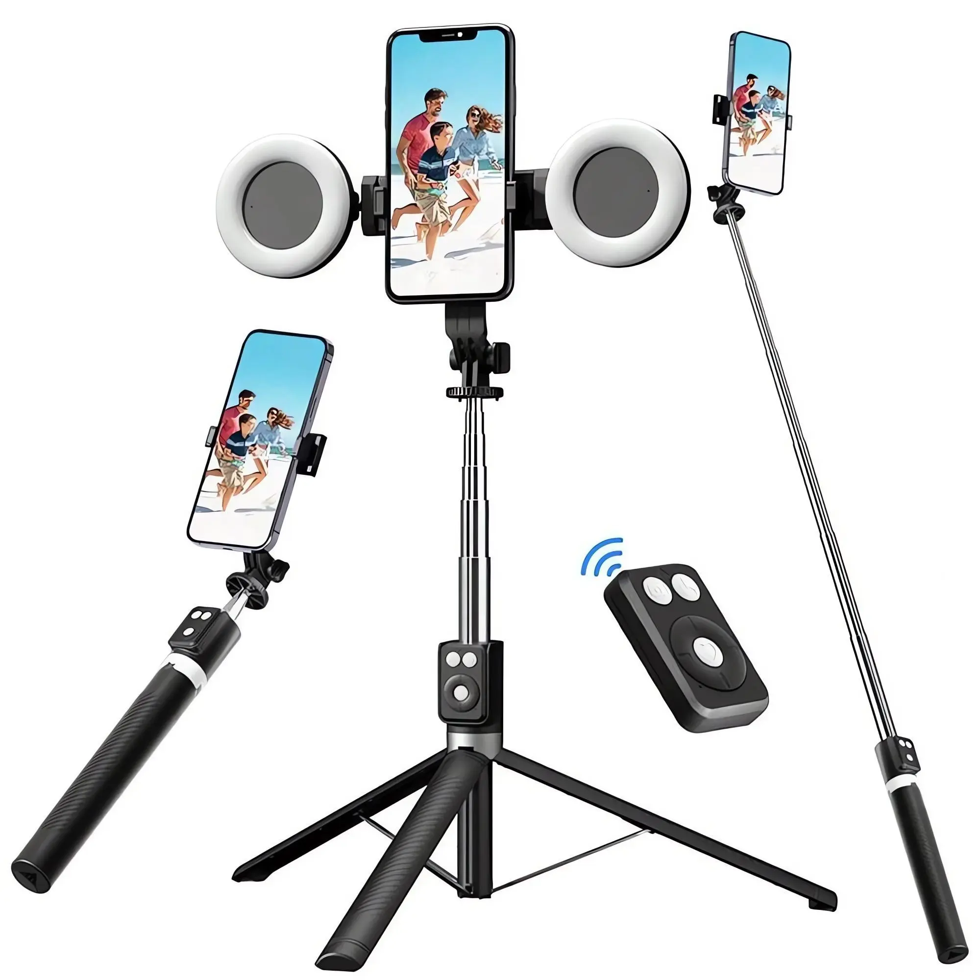 70-in 4-in-1 Selfie Tripod+Stick with Dual Lights, 360° Rotation & Remote Control, Mobile Phone Tripod Compatible with iPhone 16/15/14 & Android Smartphones, Travel Vlogging Accessory for Students