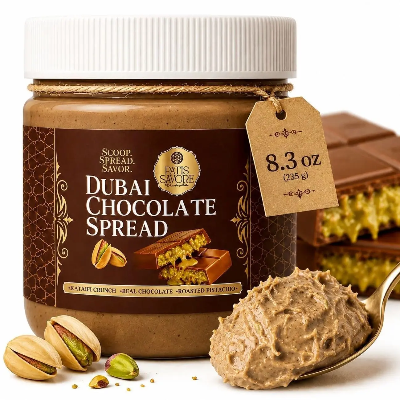 Dubai Chocolate Spread 8.3 oz with Pistachio Cream & Kataifi, Belgian Chocolate
