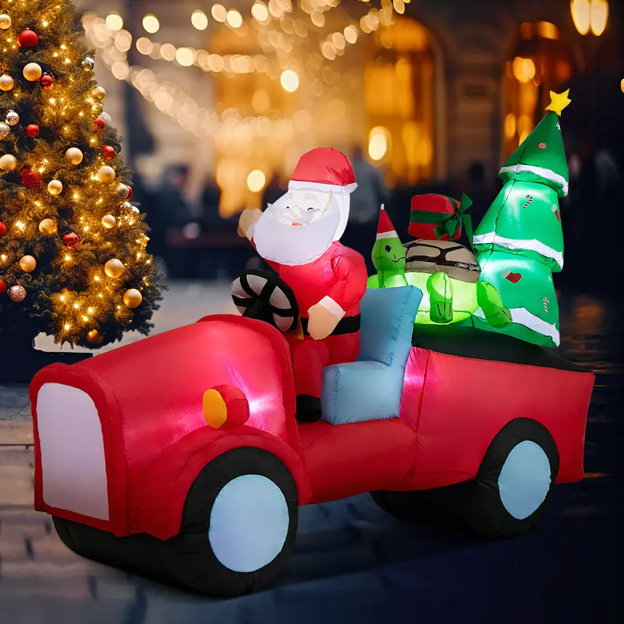 7ft Tall Irregular PVC Holiday Christmas Inflatable Decoration - Santa Claus on Train with Turtle & Christmas Tree, Waterproof, Bright LED Lights, Power Adaptor, Easy-Install Floor-Mount, Indoor/Outdoor Landscape Decor, Thanksgiving Supplies