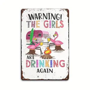 Vintage Aluminum Wall Decor 12x8 Humorous Metal Sign with Pink Flamingos & Campervan Scene for Outdoor Garages Porches Cafes Bars