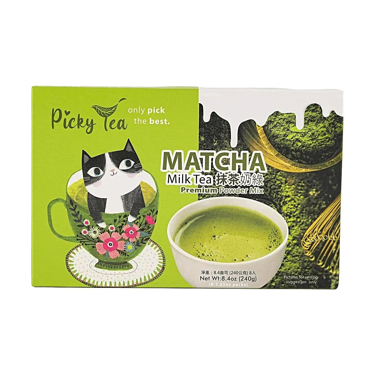 Picky Tea Taiwan Matcha Milk Green Tea 8 Bags 8.47 oz - Authentic Bubble Tea Flavor, Hot & Cold Brew