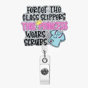 Acrylic Bling Letter Pattern Id Badge Holder, 1 Count Portable Durable Retractable Badge Reel, Id Badge Holder for Doctor Nursing Students Worker Volunteer, Identification Badges & Supplies