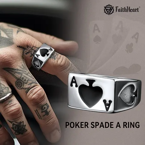 FaithHeart Unisex Ace of Spades Jewelry Ring - Polished Stainless Steel Metal Ring, Adult Statement Poker Band, 14g/set Gifting Accessory