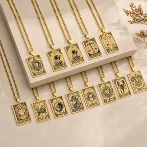 Unisex Zodiac Dog Tag Necklace - Gold-Tone Stainless Steel Rectangular Pendant with Black Zodiac Artwork, 12 Sign Options (Aries-Pisces), Vintage Tarot-Style Long Chain Costume Jewelry for Birthday Gifting