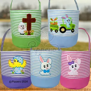 Easter Basket Bucket with Adorable Custom Pippero Design Bunny Cross Lamb Chick Egg Appliqué Characters Gift for Boy Gift for Girl