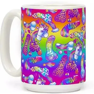 Funny Colorful Penis Coffee Mug, Rainbow Unicorn & Phallic Print Novelty Mug - Vibrant Psychedelic Art Coffee Cup - Funny Gift for Bestie, Funny Adult Gag Gift Mug, Rainbow Colorful Pattern Ceramic Coffee Cup, 11oz/15oz, Novelty Prank Gift for Birthday