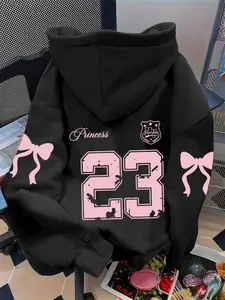 Women's cool and cute trendy Casual number bow Graphic print hoodie, kangaroo pocket, drawstring hooded sweatshirt, fashionable autumn and winter wear Womenswear